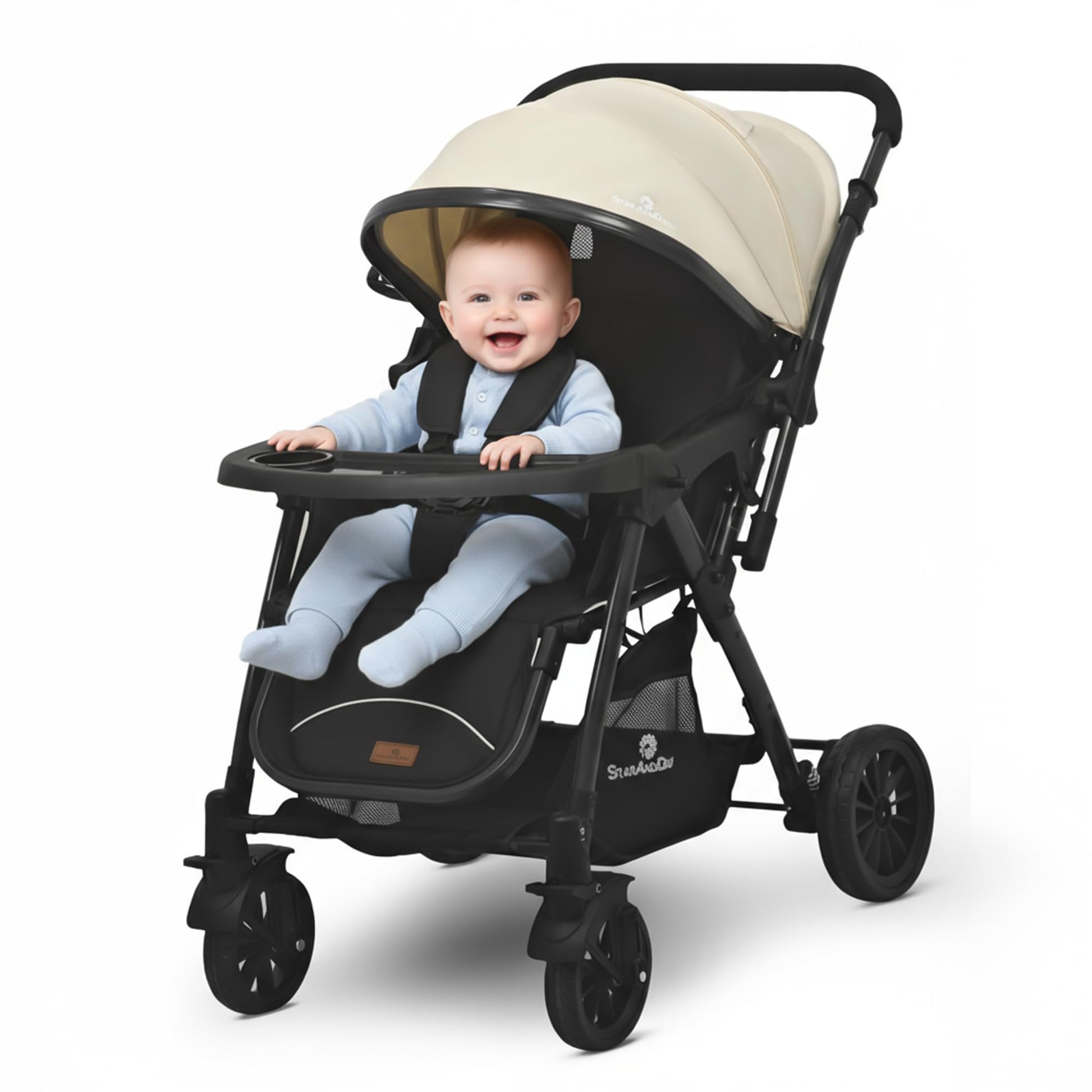 StarAndDaisy Foldable Baby Stroller for 0-3 Years Infant & Toddler / Travel Pram for Baby with Storage basket & Lockable Wheels, Multi-Level Recline & Adjustable Footrest, Removable Tray , Safety Harness Belt -Khaki