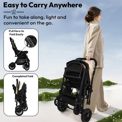 StarAndDaisy Foldable Baby Stroller for 0-3 Years Infant & Toddler / Travel Pram for Baby with Storage basket & Lockable Wheels, Multi-Level Recline & Adjustable Footrest, Removable Tray , Safety Harness Belt -Khaki