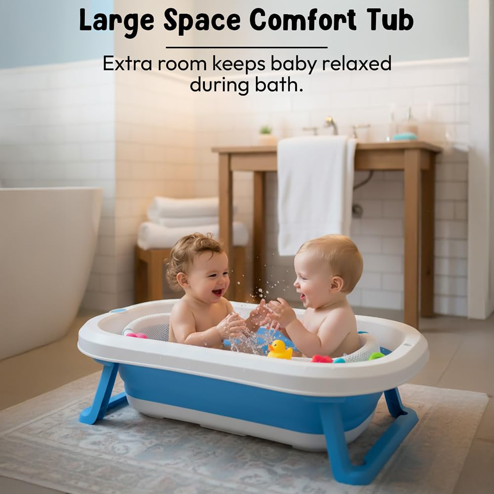 StarAndDaisy Bath Tub for Baby 0-3 Years/Foldable Bath tub for Kids with Cushion, Space Saving Design, Newborn Baby Folding Bathing Tub Girls & Boys, Easy to Store (Blue)