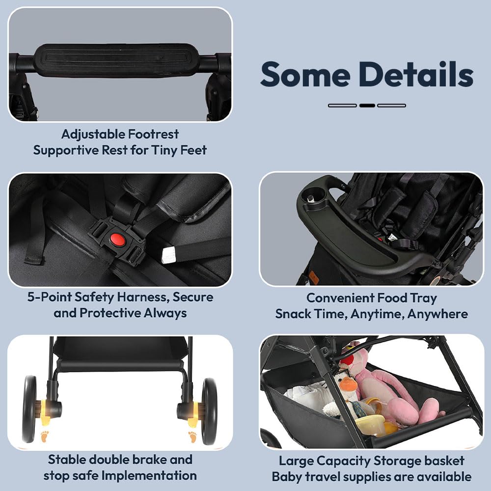 StarAndDaisy Stroller for Baby Boy Girl 0 to 5 Years/Foldable Baby Stroller Light Weight with Multi-Level Seat Recline, 5 Point Safety Belt, Pram for Kids-Black