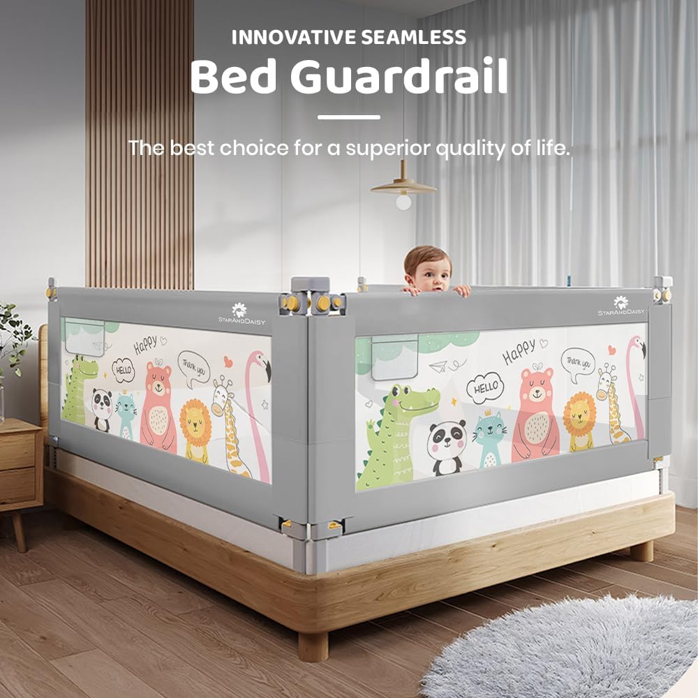 StarAndDaisy Bed Guard for Baby/Kids with T-Body Support Frame, Adjustable Height/Portable Single Side Bed Rail for Infants & Toddler's Safety (Printed Grey-1.5M)