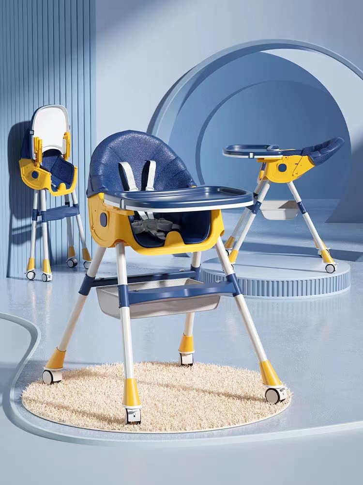 StarAndDaisy Baby High Chair Recline Highchair/Baby Feeding Chair with Height Adjustable Seate/Upgraded Kids High Chair with Wheel and PU Cushion pad (TT Blue Yellow)