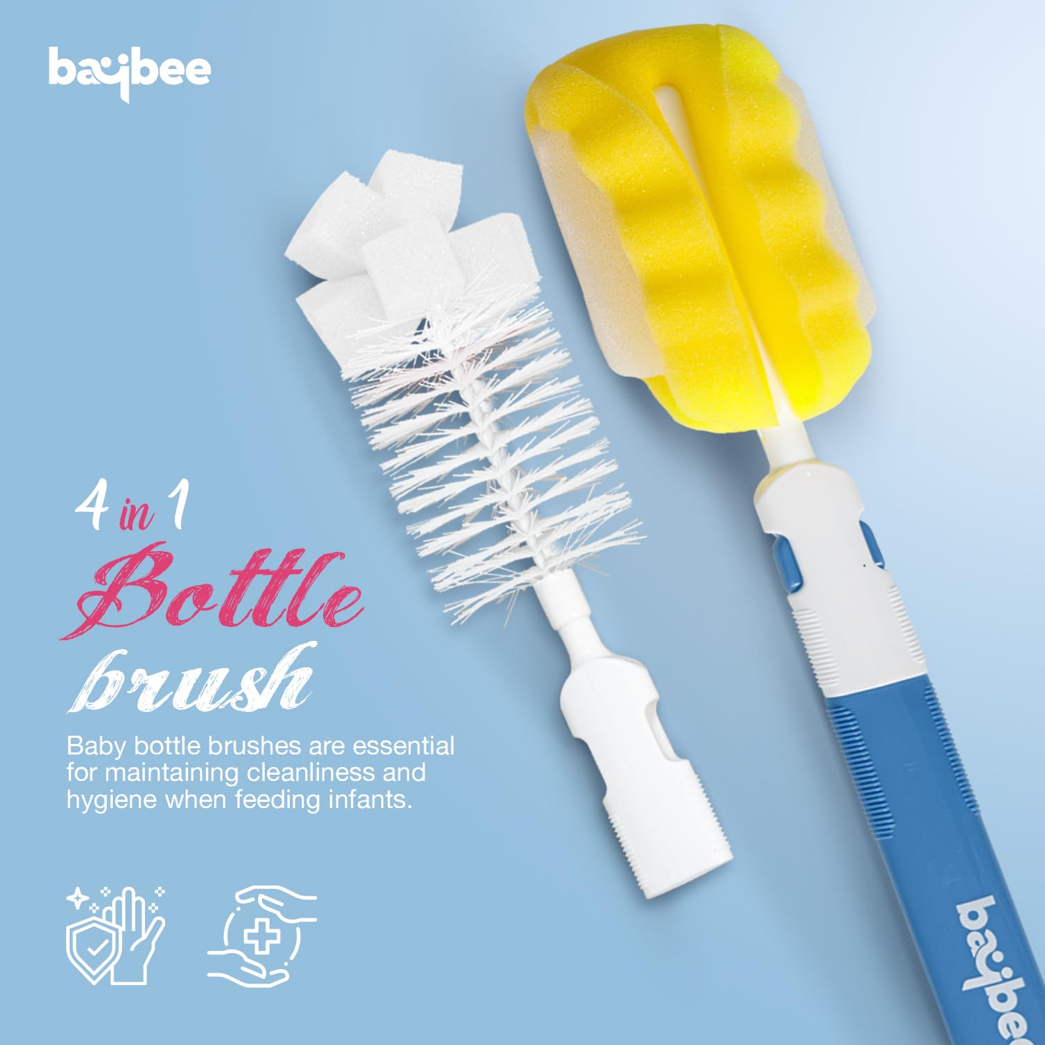 BAYBEE 4 in 1 Nylon Bristles Baby Feeding Bottles & Nipple Cleaning Brush Easy Grip 360° Rotating Long Handle for Easy to Clean Bottle Neck & Corners for All Mugs & Cups (Blue)