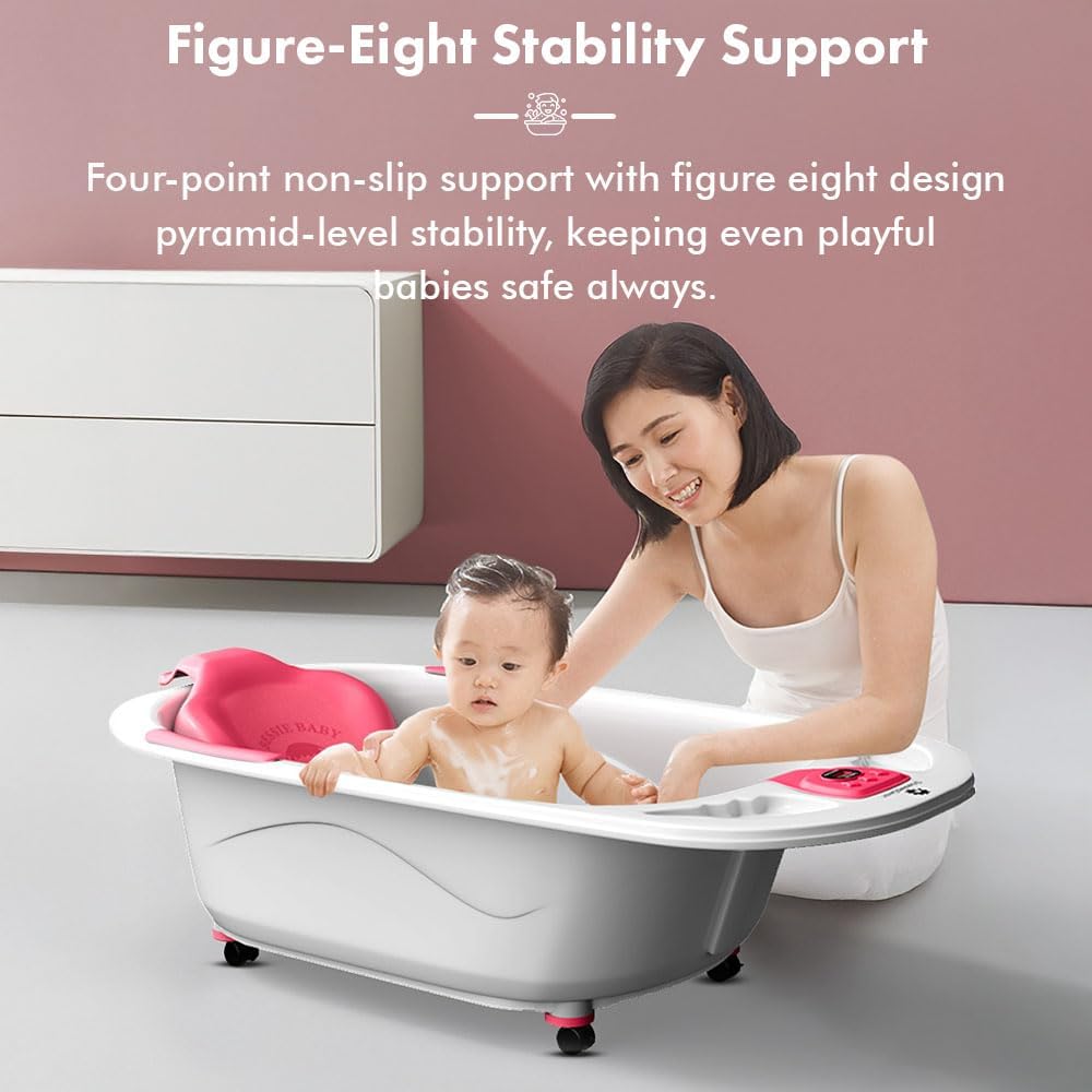 StarAndDaisy Baby Bath Tub for 0 to 5 Years/Bath Tub for Kids 0-3 Years/Infants Bathtub with Temperature Censor & Baby Bath Seat/Chair, Antislip Baby Bath Tub with Bath Sling-Pink