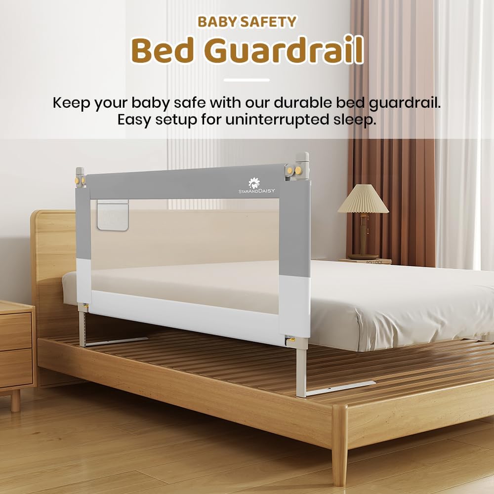 StarAndDaisy Alloy Steel Baby Bed Guard Rail with T-Body Support Frame/Adjustable Height, and Portable Single-Side Design for Infant and Toddler Safety - (Grey & White-1.8 M)