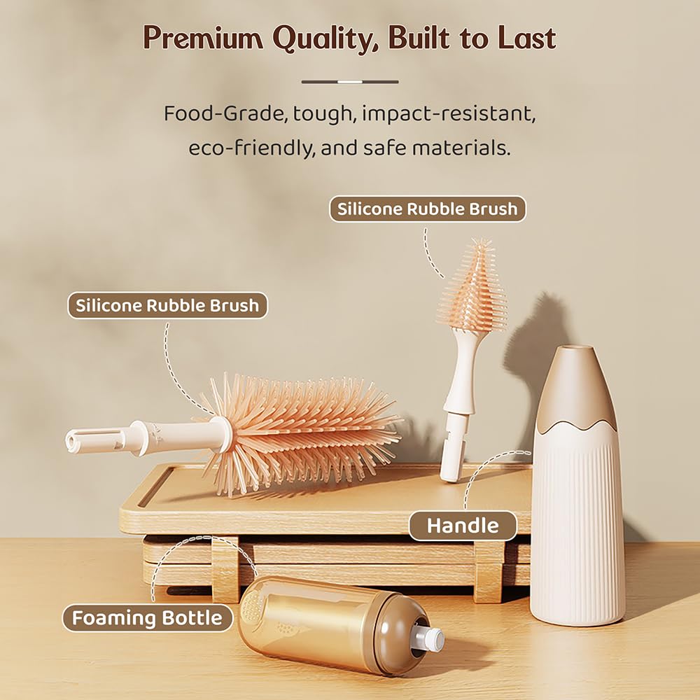 StarAndDaisy Baby Bottle Cleaning Brush Set with Silicone Bristle, 360° Cleaning Bottle Brush with 500 ML Bottle Cleaner & Long Handle, Easy to Clean Narrow & Wide Neck Bottles - Brown Beige