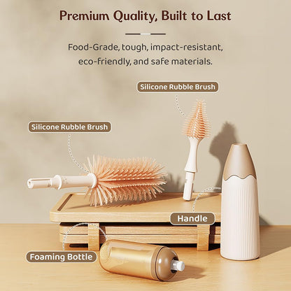 StarAndDaisy Baby Bottle Cleaning Brush Set with Silicone Bristle, 360° Cleaning Bottle Brush with 500 ML Bottle Cleaner & Long Handle, Easy to Clean Narrow & Wide Neck Bottles - Brown Beige