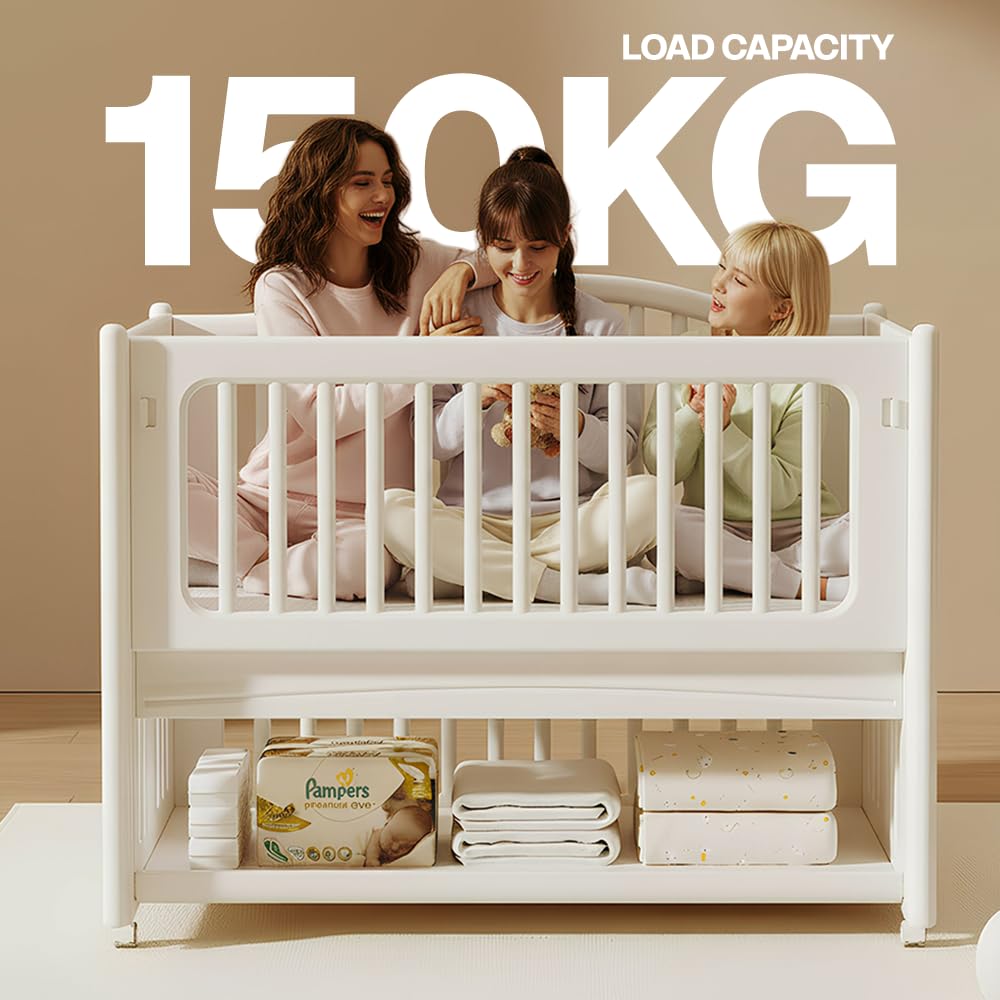 StarAndDaisy Baby Cot with Wheels / 150KG Heavy Duty PP Baby Crib/Waterproof & Termite Resistant/BPA-Free Newborn Baby Bed/Portable Infant Sleeping Cot -White