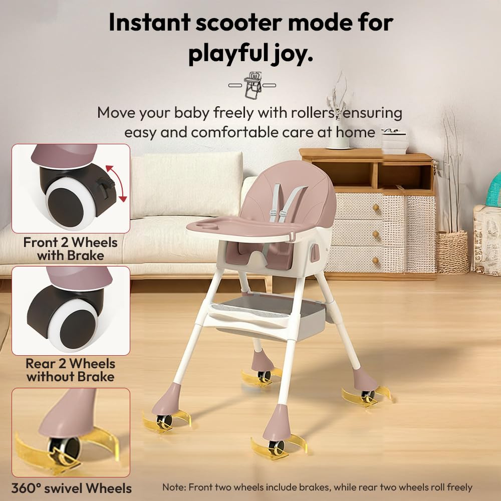 StarAndDaisy High Chair for Baby 6 Months to 5 Years/Adjustable Height Feeding Chair with 4 Reclining Seat Positions, Double Food Tray, Foldable Design & Wheels/High Chair for Baby - Pink