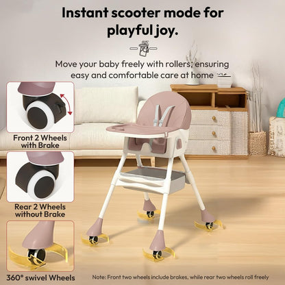 StarAndDaisy High Chair for Baby 6 Months to 5 Years/Adjustable Height Feeding Chair with 4 Reclining Seat Positions, Double Food Tray, Foldable Design & Wheels/High Chair for Baby - Pink