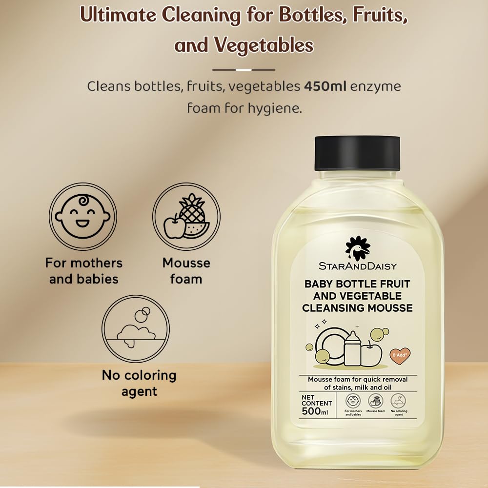 StarAndDaisy Baby Bottle Cleaning Brush Set with Silicone Bristle, 360° Cleaning Bottle Brush with 500 ML Bottle Cleaner & Long Handle, Easy to Clean Narrow & Wide Neck Bottles - Brown Beige