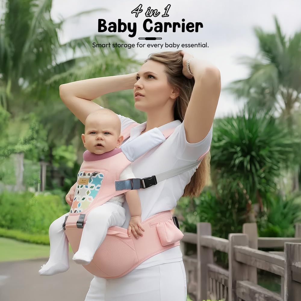 StarAndDaisy 4-in-1 Baby Carrier for 0 to 3 Year Baby/Kangaroo Bag with Comfortable Soft Hip Seat/Baby Carrier - 4 Carrying Positions with 2 Storage Pockets - Blue (4-in-1 Pink)