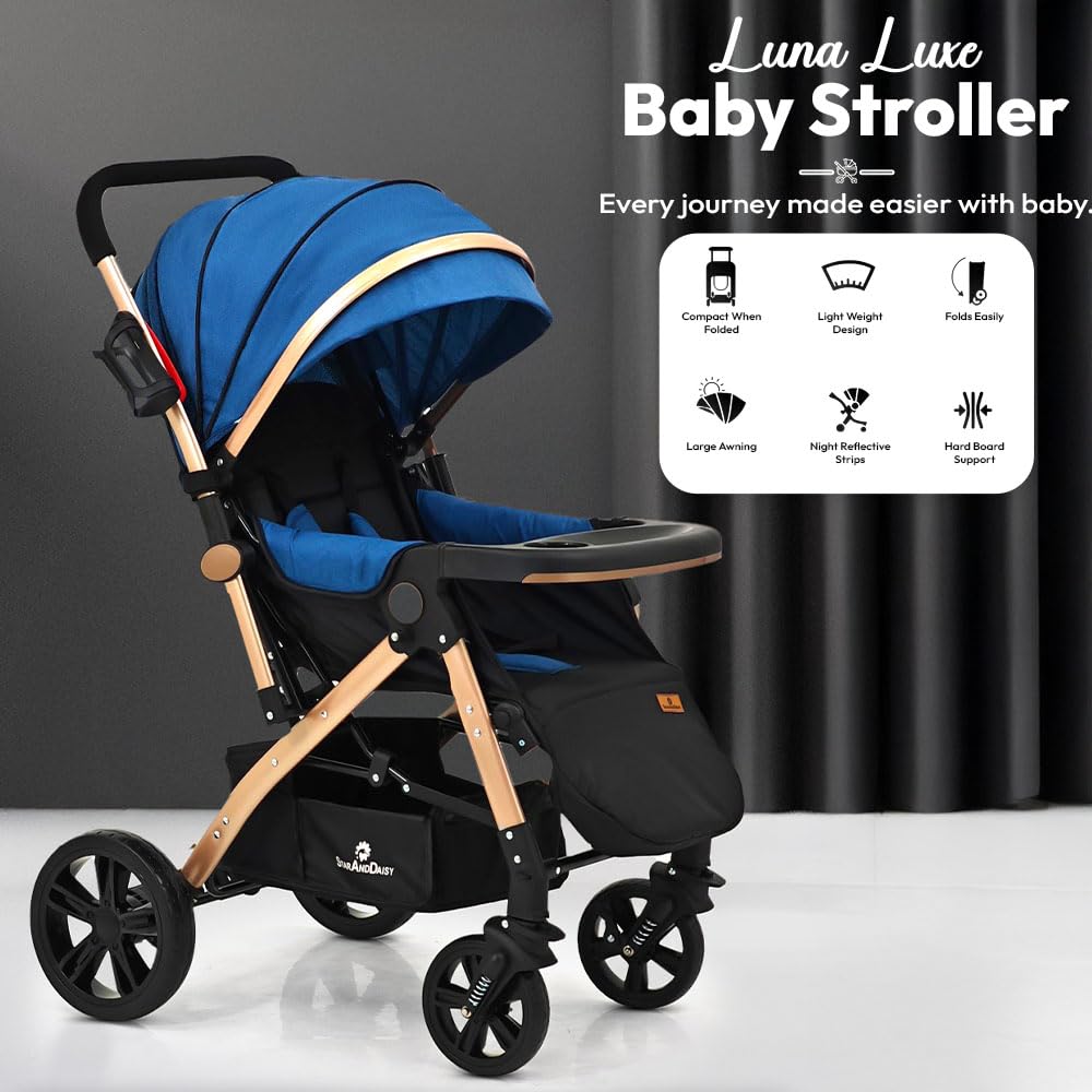 StarAndDaisy Foldable Stroller for Baby 0-3 Years Infant & Toddler / Travel Pram for Baby with Suspension & Lockable Wheels, Multi-Level Recline & Adjustable Footrest & Canopy, Removable Tray , Safety Harness Belt -Blue