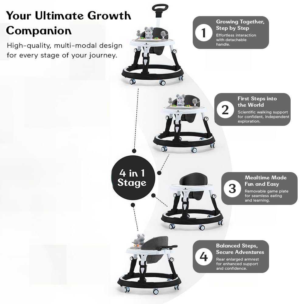 StarAndDaisy 360° Baby Walker 6-24 Months / 7 Level Height Adjustment Walker for Kids Boy and Girl with Intergrated RGB Lights, Switchable Food & Musical Toy Tray/Premium Baby Activity Walker with Parent Rod-Black