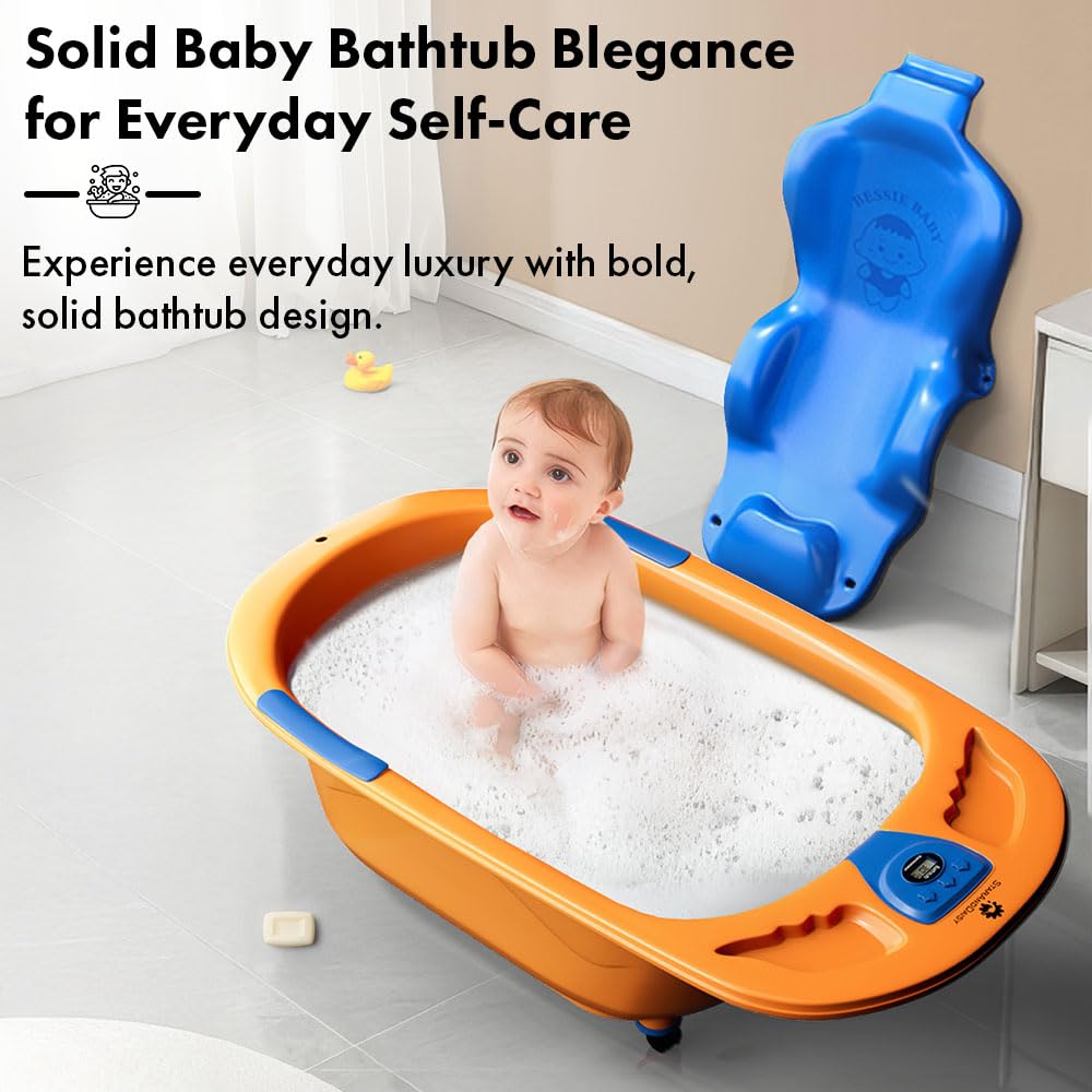 StarAndDaisy Baby Bath Tub for 0 to 5 Years/Bath Tub for Kids 0-3 Years/Infants Bathtub with Temperature Censor & Baby Bath Seat/Sling, Antislip Baby Bath Tub with Bath Chair (Orange-Blue)