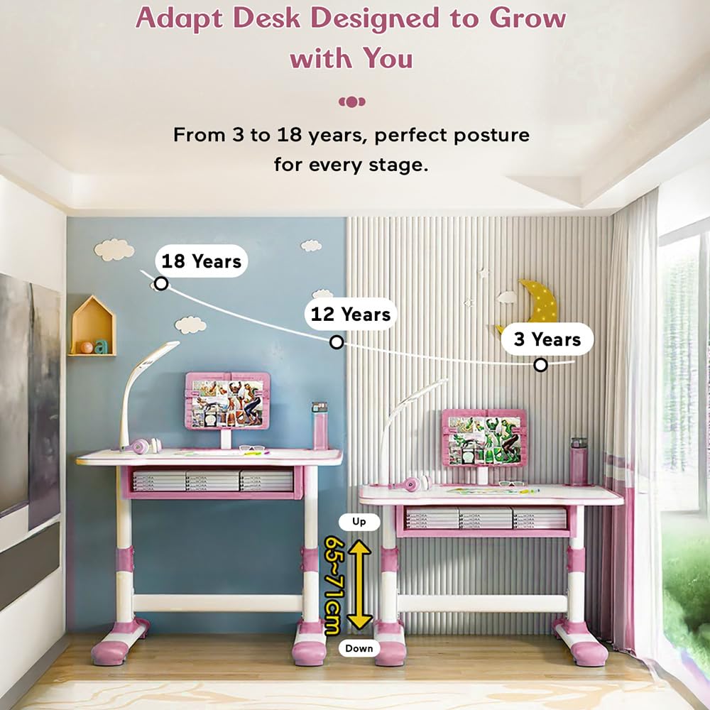 StarAndDaisy Study Table for Kids 5-12years Boys Girls, Multi-Functional Study Table for Kids | Adjustable Angle Table with Storage (Pink)