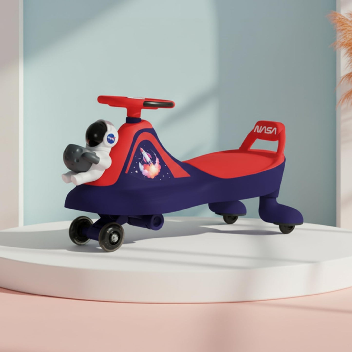StarAndDaisy Baby Swing/Magic Car for Kids Toys for 2-5 Years boy & Girl with Backrest seat & Storage, 360° Swivel Steering Twister Ride-on/Wiggle car Toy - Red & Blue