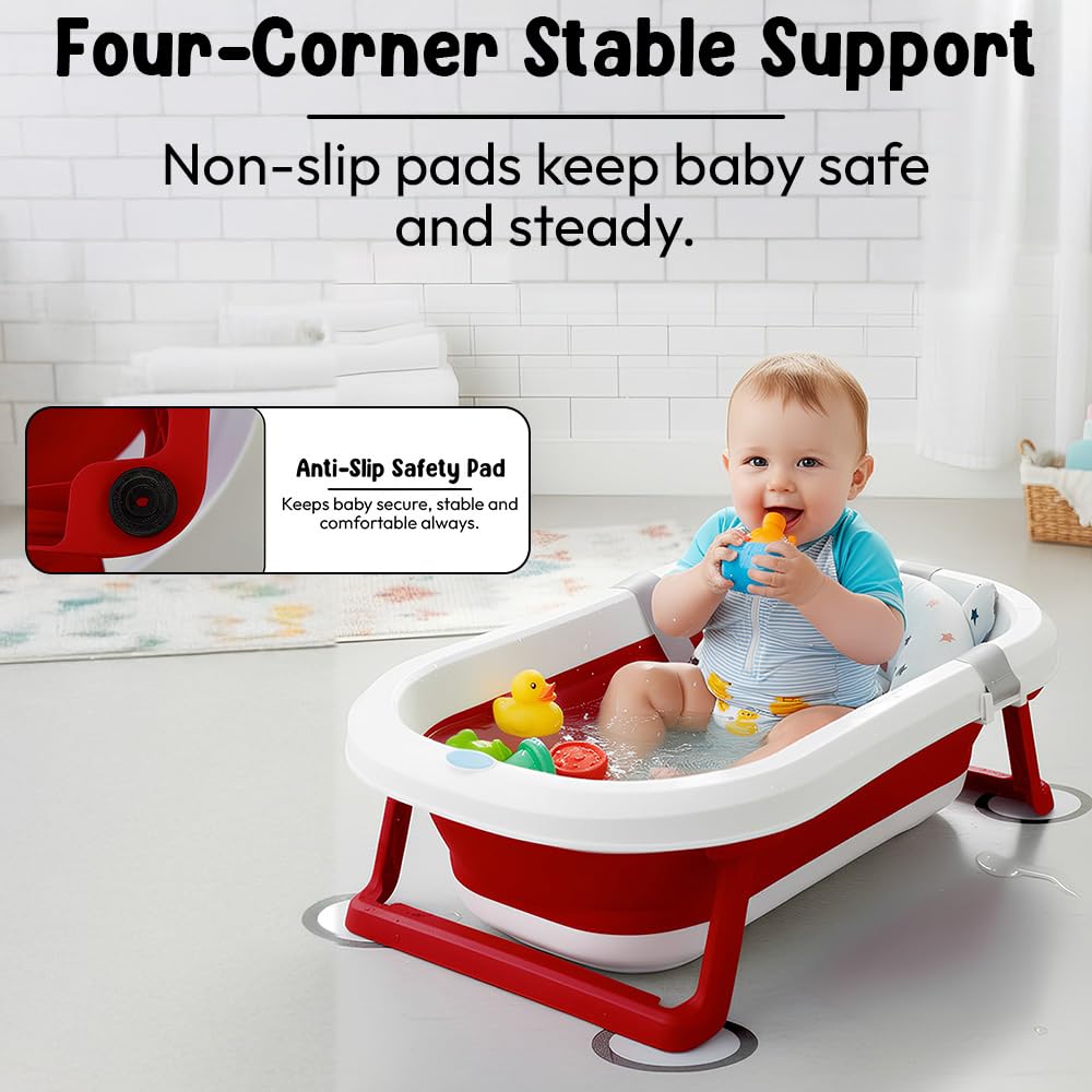 StarAndDaisy Baby Bath Tub for 0 to 5 Years/Bath Tub for Kids 0-3 Years, Tub for Girls & Boys with oldable Legs, Easy to Store -Red