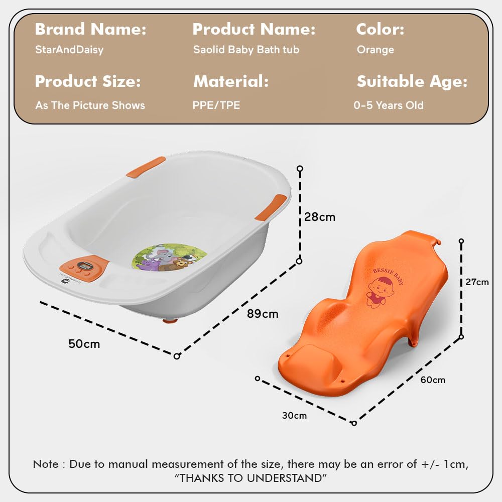 StarAndDaisy Baby Bath tub for 0 to 5 Years with Temperature Sensor/Bath tub for Kids 0-3 Years for Kids with Anti-Slip Legs/Bath tub for Baby with Baby Bather Without Wheel(White-Orange)