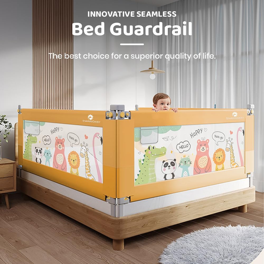 StarAndDaisy Bed Guard Rail for Baby/Kids Safety with T-Body Support Frame, Adjustable Height/Portable Single Side Bed Rail for Infant & Toddler's Safety (Printed Yellow-1.5 M)