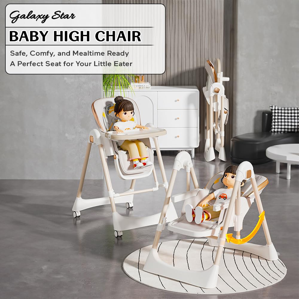 StarAndDaisy Galaxy 2 in1 Rocking Baby High Chair for Boys and Girls Dining Chair 4 Level Reclining Position, Adjustable Height, Locking Wheels, 5 Point Safety Belt (White)