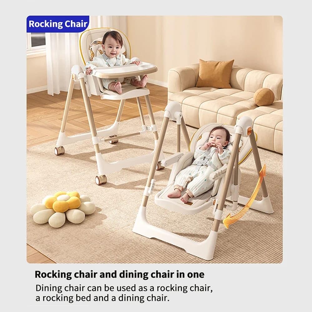 StarAndDaisy Galaxy 2 in1 Rocking Baby High Chair for Boys and Girls Dining Chair 4 Level Reclining Position, Adjustable Height, Locking Wheels, 5 Point Safety Belt (Brown)