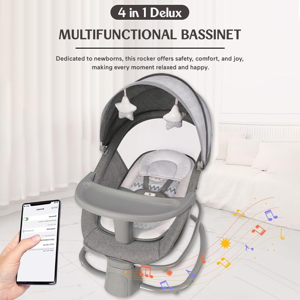 StarAndDaisy X Mastela 4 in 1 Swing Rocker Automatic for Newborn Baby 0 to 18 Month Girl & Boy with 4- Swing Modes, Detachable Tray, Backrest Adjustment Bassinet, Bluetooth Playback (4 in 1- Grey)