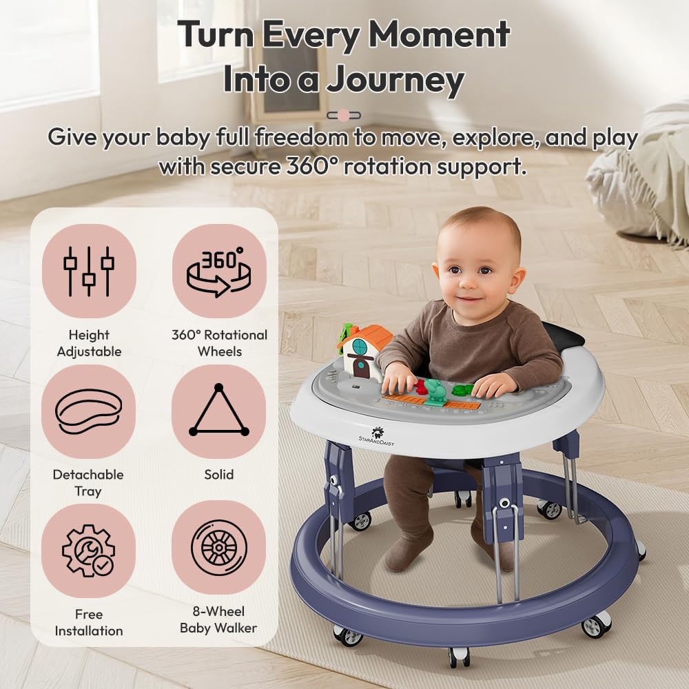 StarAndDaisy Walker for Kids 6 to 24 Months/Baby Walker Boys & Girls with 360° Rotational Wheels, Toy Tray & Padded Seat/Foldable Walker for Kids for 1 Year with Adjustable Height -Blue