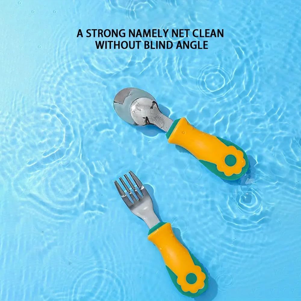 StarAndDaisy Baby Stainless Steel Spoon and Fork Set for Infants & Toddler – BPA-Free Toddler Cutlery, Safe Rounded Edges, Easy Grip Baby Utensils for Self Feeding & Weaning -Orannge & Green