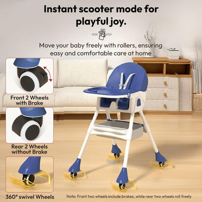 StarAndDaisy High Chair for Baby 6 Months to 5 Years/Adjustable Height Feeding Chair with 4 Reclining Seat Positions, Double Food Tray, Foldable Design & Wheels/High Chair for Baby (Blue)