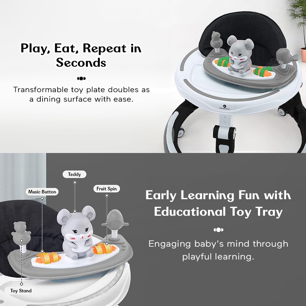 StarAndDaisy 360° Baby Walker 6-24 Months / 7 Level Height Adjustment Walker for Kids Boy and Girl with Intergrated RGB Lights, Switchable Food & Musical Toy Tray/Premium Baby Activity Walker with Parent Rod-Black
