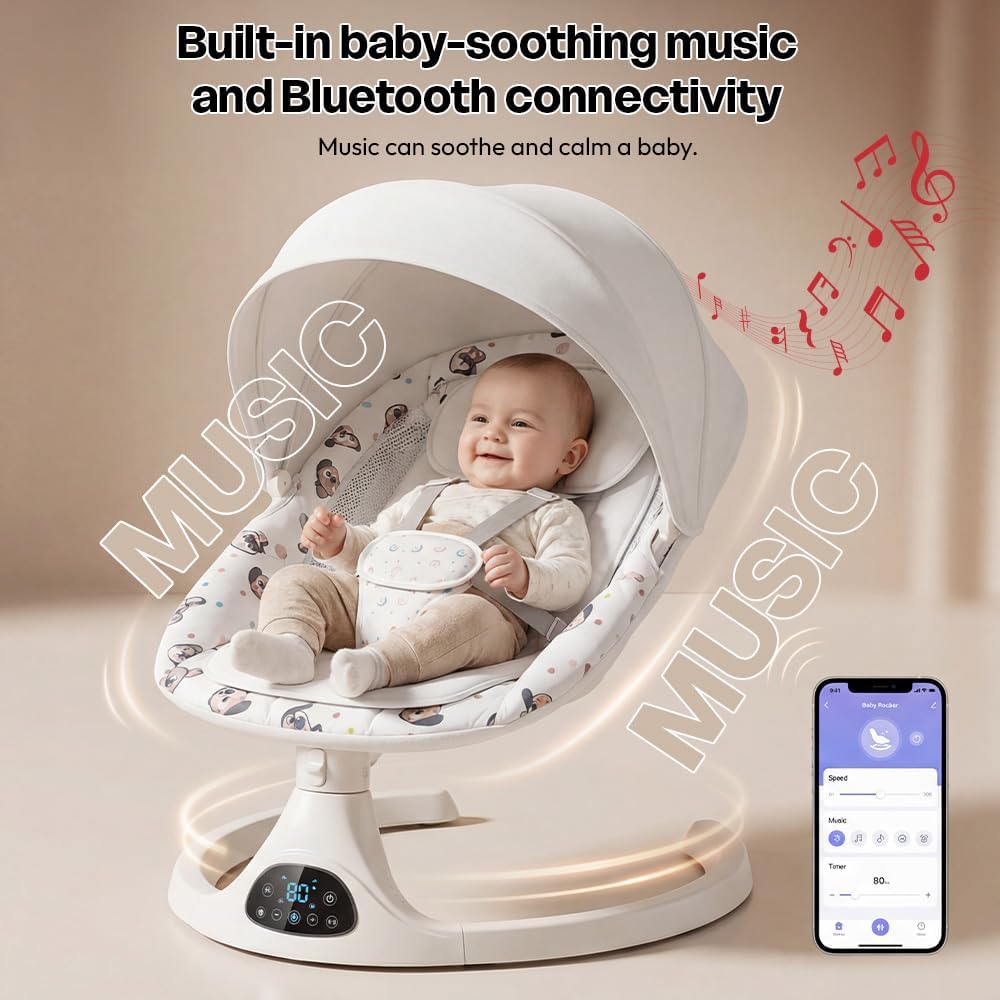 StarAndDaisy baby rockers for 0 to 2 years, Baby Multi functional rocker for babies, Infants & Toddler with mattress, 5-level Automatic Swing & Bouncer/ cradle with touch panel & hanging toys (601-Printed Grey)