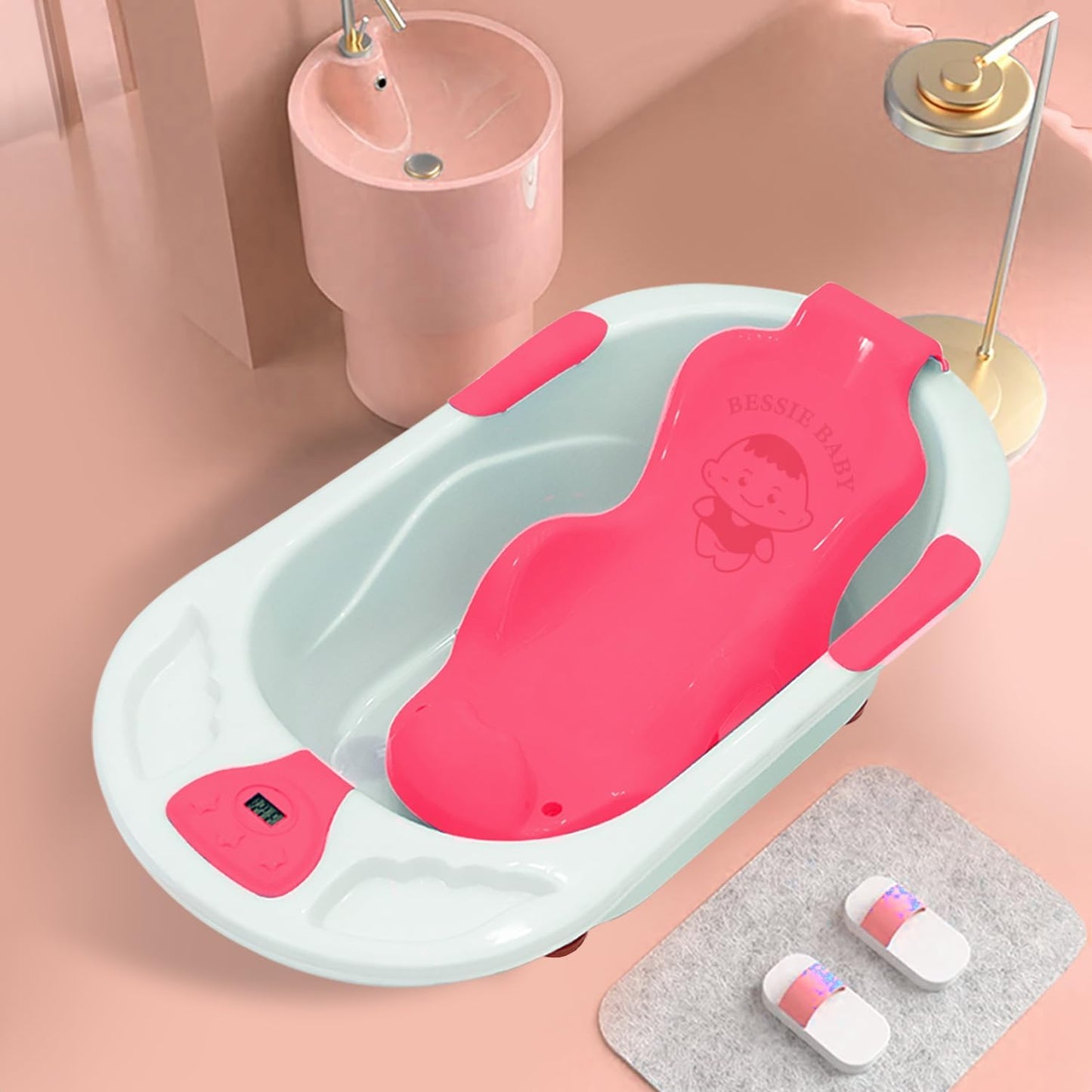 StarAndDaisy Baby Bath tub for 0 to 5 Years with Temperature Sensor/Bath Tub for Kids with Anti-Slip Legs/Bathtub for Baby with Baby Bather Without Wheel(White-Pink)