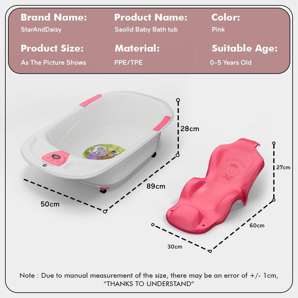 StarAndDaisy Baby Bath Tub for 0 to 5 Years/Bath Tub for Kids 0-3 Years/Infants Bathtub with Temperature Censor & Baby Bath Seat/Chair, Antislip Baby Bath Tub with Bath Sling-Pink