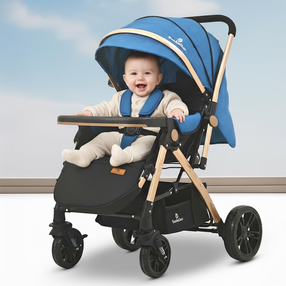 StarAndDaisy Foldable Stroller for Baby 0-3 Years Infant & Toddler / Travel Pram for Baby with Suspension & Lockable Wheels, Multi-Level Recline & Adjustable Footrest & Canopy, Removable Tray , Safety Harness Belt -Blue