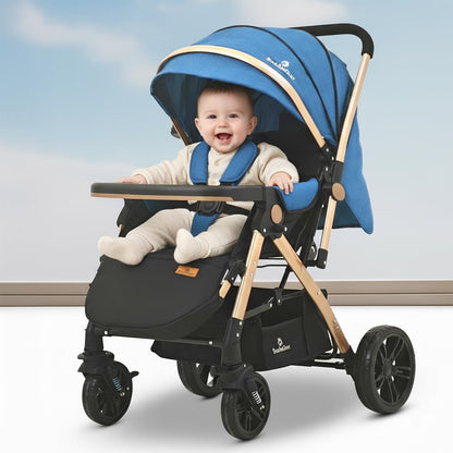 StarAndDaisy Foldable Stroller for Baby 0-3 Years Infant & Toddler / Travel Pram for Baby with Suspension & Lockable Wheels, Multi-Level Recline & Adjustable Footrest & Canopy, Removable Tray , Safety Harness Belt -Blue