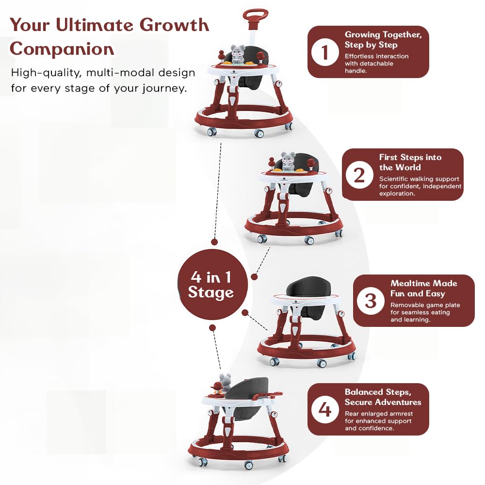 StarAndDaisy 360° Baby Walker 6-24 Months / 7 Level Height Adjustment Walker for Kids Boy and Girl with Intergrated RGB Lights, Switchable Food & Musical Toy Tray/Premium Baby Activity Walker with Parent Rod-Cherry Red