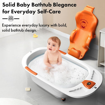 StarAndDaisy Baby Bath Tub for 0 to 5 Years/Bath Tub for Kid 0-3 Years/Infants Bathtub with Temperature Censor & Baby Bath Sling/seat, Antislip Baby Bath tub with Bath Chair (White-Orange)