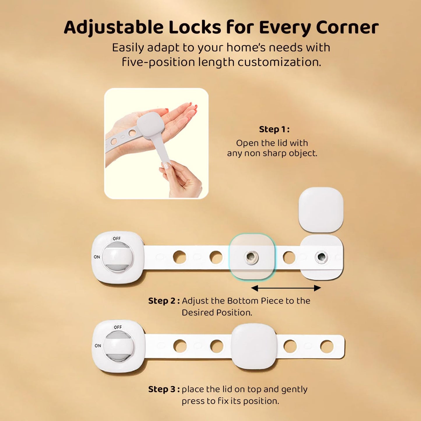StarAndDaisy Baby Proofing Safety Locks, Adjustable Furniture Locks for Drawers, Fridge, Cupboards, Easy Install & Remove with Adhesive Pasting (Large, 4)