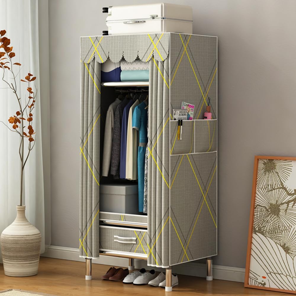 StarAndDaisy Breathable Fabric, Alloy Steel Kids Foldable Wardrobe with Cover & Drawers Almirah for Clothes, Shoes & Accessories/Space-Saving Closet with Side Pockets & Hanging Rod -Rhombus, Grey