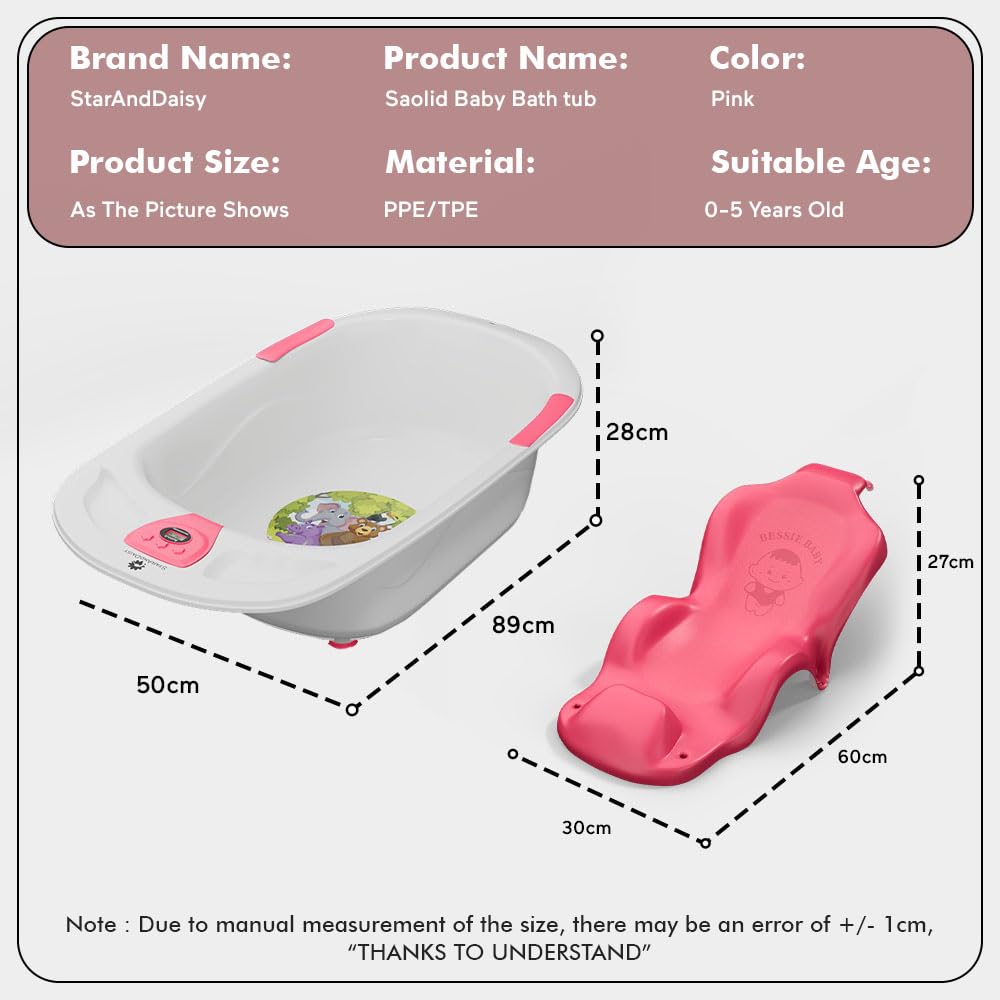 StarAndDaisy Baby Bath tub for 0 to 5 Years with Temperature Sensor/Bath Tub for Kids with Anti-Slip Legs/Bathtub for Baby with Baby Bather Without Wheel(White-Pink)