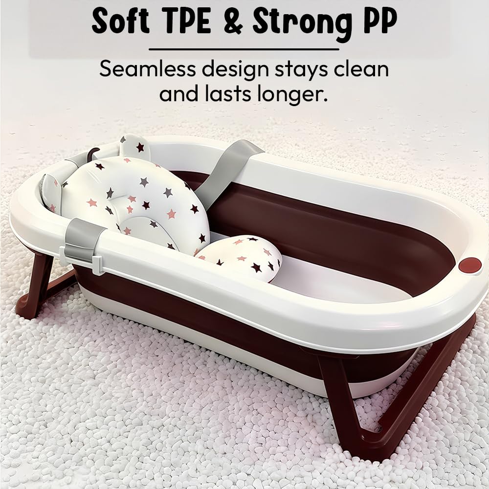 StarAndDaisy Bath Tub for Baby 0-3 Years/Foldable Bath tub for Kids with Cushion, Space Saving Design, Newborn Baby Folding Bathing Tub Girls & Boys, Easy to Store -Brown