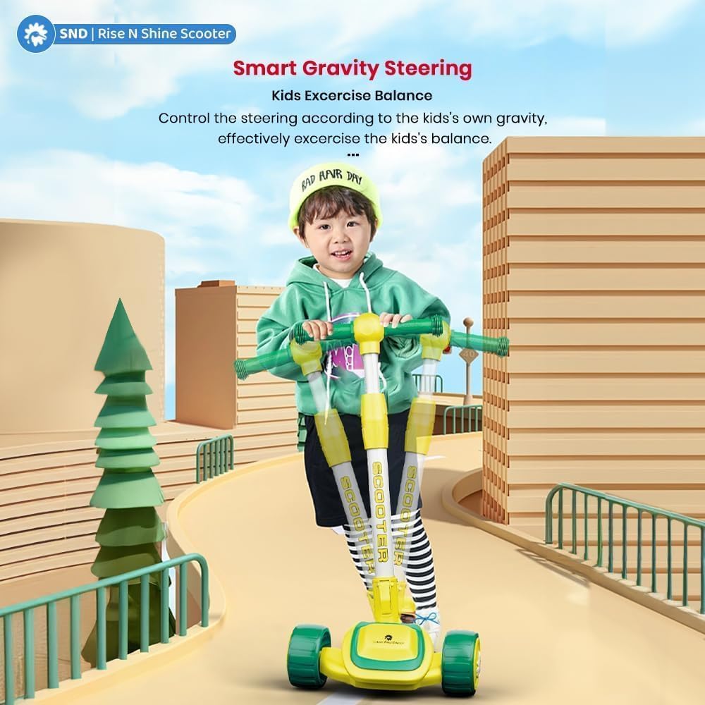 StarAndDaisy Kick Scooter for Kids 3-12 YearsBoys & Girls / 3 Wheel Scooter Boys & Girls with LED Light, PU Wheels/Skating Scooter 5 Level Adjustable Height and Easy to Fold - (Green-Yellow)