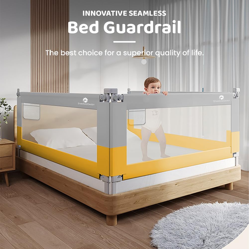StarAndDaisy Alloy Steel Baby Bed Guard Rail with T- Body Support Frame, Adjustable Height/Portable Single Side Bed Rail for Infant & Toddler's Safety (Grey &Yellow-1.8 M)