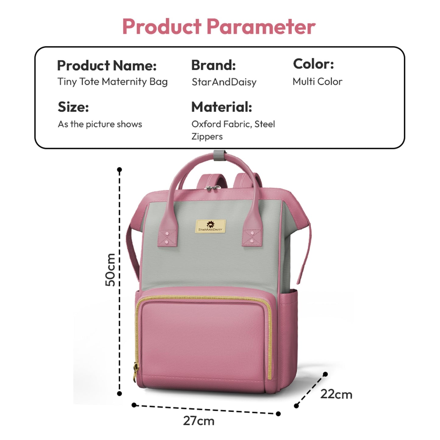 StarAndDaisy Diaper Bag / 30L Lightweight Diaper Bag for Mothers for Travel with 3 Insulated Bottle Pockets/Baby Bag for Mother Travel & Maternity Bag for Baby – Pink Grey