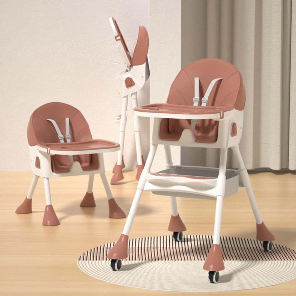 StarAndDaisy High Chair for Baby 6 Months to 5 Years/Adjustable Height Feeding Chair with 4 Reclining Seat Positions, Double Food Tray, Foldable Design & Wheels/High Chair for Baby - Coffee
