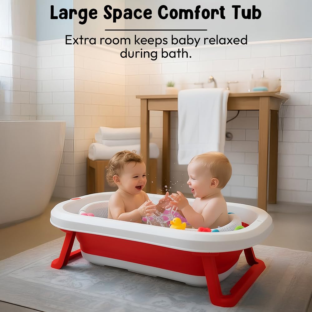 StarAndDaisy Bath Tub for Baby 0-3 Years/Foldable Bath tub for Kids with Cushion, Space Saving Design, Newborn Baby Folding Bathing Tub Girls & Boys, Easy to Store -Red