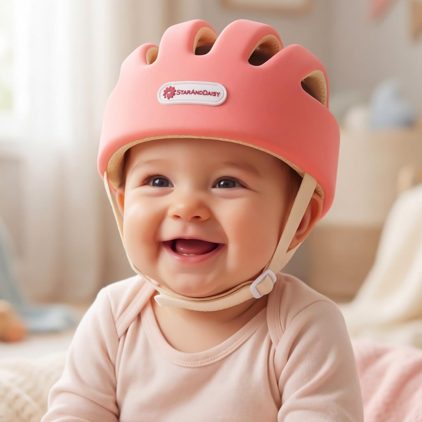 StarAndDaisy Baby Safety Helmet for Head Protection | Soft Cotton Baby Helmet with Cushion Padding | Adjustable Baby Head Protector for Crawling & Walking Toddlers -Peach