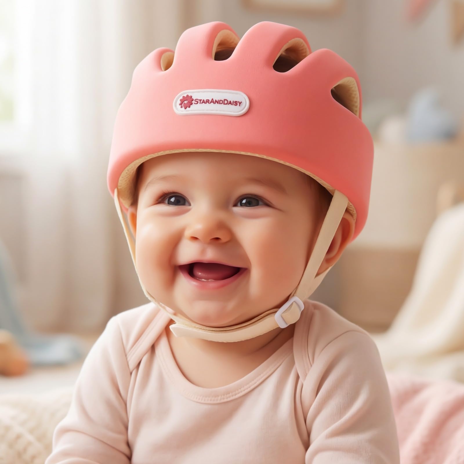 StarAndDaisy Baby Safety Helmet for Head Protection | Soft Cotton Baby Helmet with Cushion Padding | Adjustable Baby Head Protector for Crawling & Walking Toddlers -Peach
