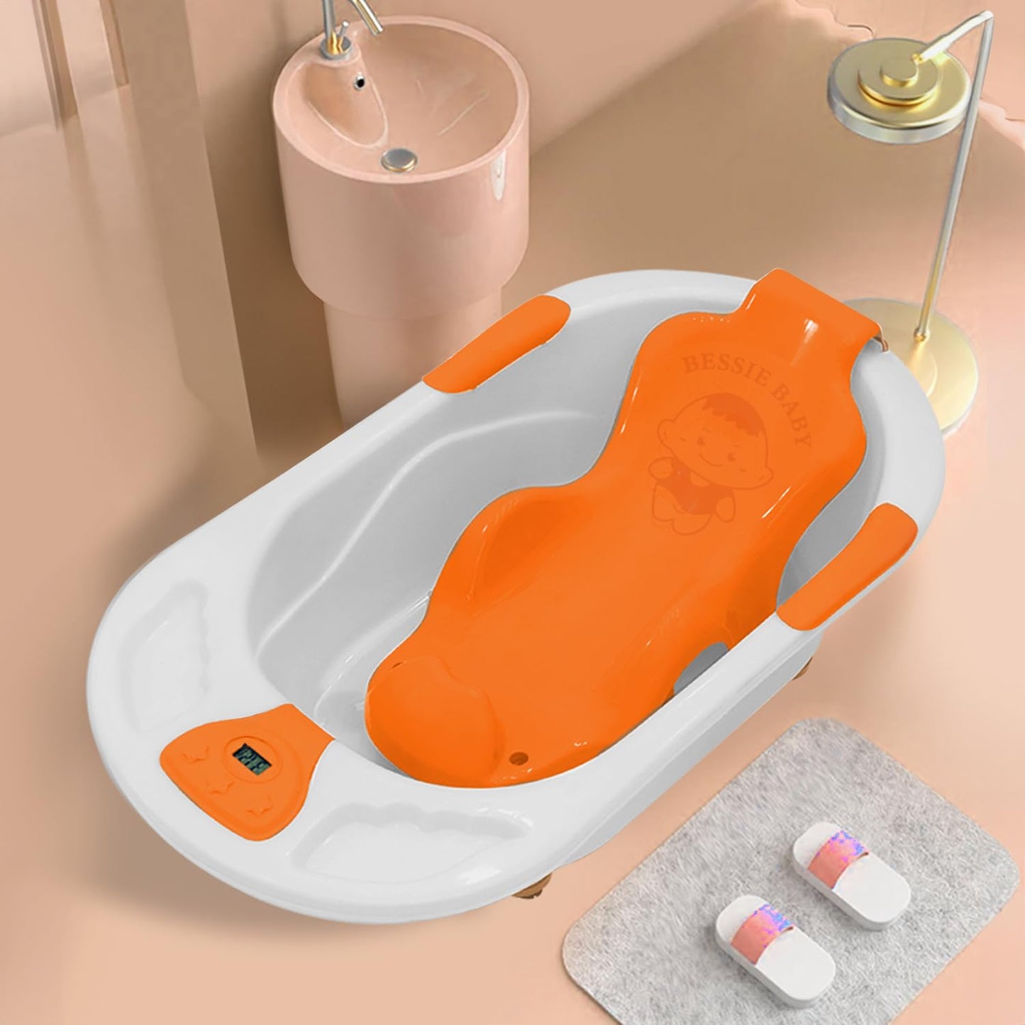 StarAndDaisy Baby Bath tub for 0 to 5 Years with Temperature Sensor/Bath tub for Kids 0-3 Years for Kids with Anti-Slip Legs/Bath tub for Baby with Baby Bather Without Wheel(White-Orange)